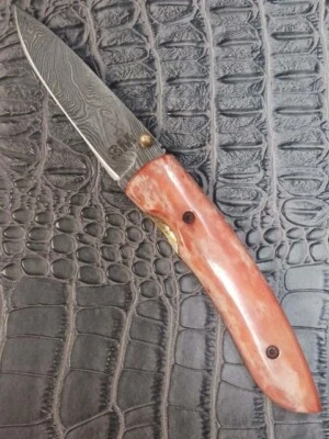 Cattle Bone Red Handle Damascus 1095/15n20 Steel Spear Point Pocket Knife - Image 1 of 4