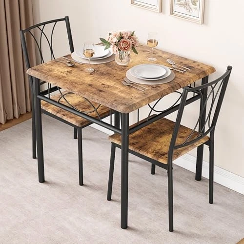 GAOMON Small Dining Table Set Table with 2 Metal and Wood Chairs Rustic Brown