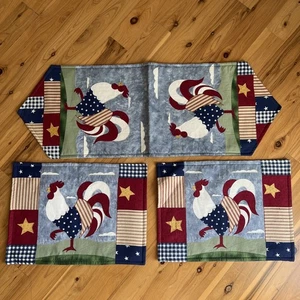 Set Of 2 Cotton Placemats & Runner Farmhouse Farm  Rooster Country Patriotic - Picture 1 of 10