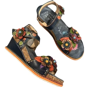 L’Artiste by Spring Step Size EU 38(US 7 .5/8 ) Wedge Sandals Blue Floral - Picture 1 of 13