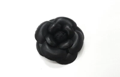 M&S Schmalberg 3" Black Camellia Brooch Pin - Genuine Leather Fabric - Image 1 of 4