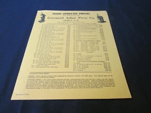 Vintage Price List Ephemera Greenerd Arbor Press Co. Hand Operated Presses - Picture 1 of 3