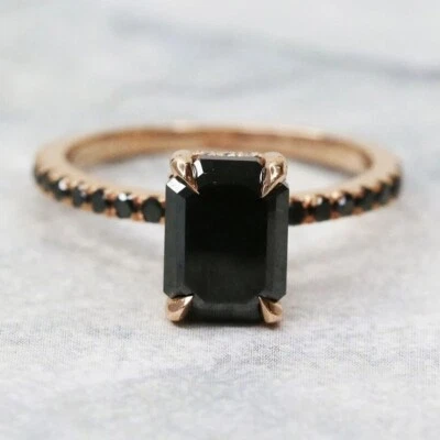 3.50Ct Emerald Cut Lab Created Black Diamond Solitaire Ring 14K Rose Gold Plated - Image 1 of 4