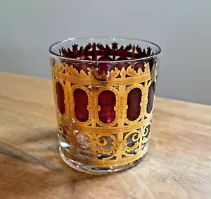 ONE Culver Double Rocks Glass Purple Cranberry Scroll 24K Gold Maximalist MCM - Picture 1 of 4