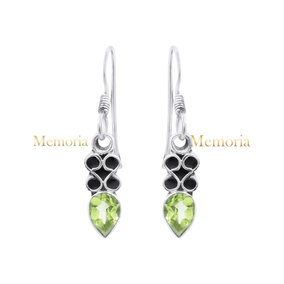 Natural Pear Cut Peridot Dainty Dangle Earrings 925 Sterling Silver Jewelry Gift - Image 1 of 1