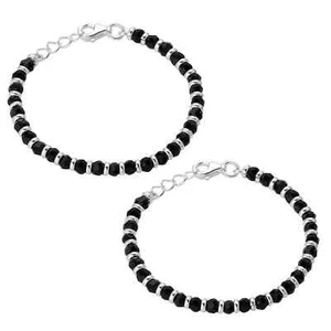 925 Sterling Pure Silver Black Bead Crystal Nazariya Bangle For Unisex Kids - Picture 1 of 3