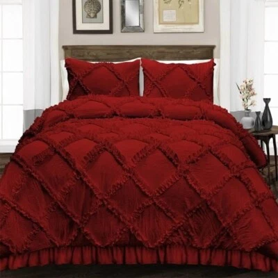 Breathable Ruffle Duvet Cover -Maroon queen king twin duvet for All Season - Image 1 of 3