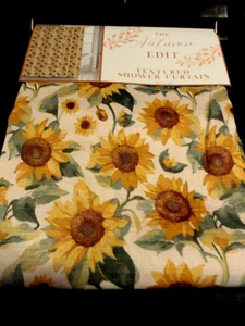 NWT~yellow SUNFLOWERS green leaves Flowers~Fabric SHOWER CURTAIN Brown centers - Picture 1 of 5