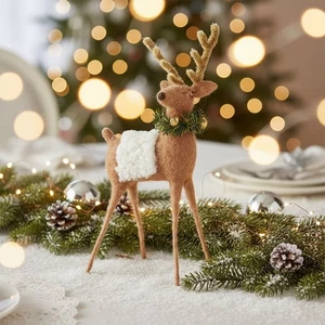 Primitive Bauernhaus Weihnachten 10,25" hellbraun Wolle Rentier mit Kranz und Glocke - Bild 1 von 3