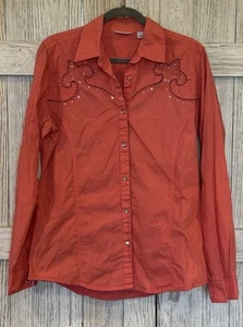 Wrangler Coral Shirt Rhinestone Snap Embroidered Western Cowgirl Womens Sz L - Picture 1 of 8