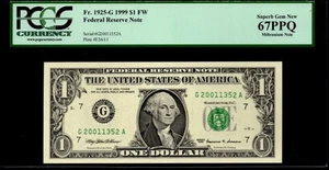 1999 $1 FRN CHICAGO. FR: 1925-L. PCGS Graded: 67 PPQ. MILLENNIUM NOTE. - Picture 1 of 2