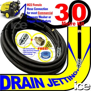 30m ABFLUSSKANALRINNE ROHRREINIGUNG SPÜLSTRAHLWASCHDRUCKSCHLAUCH DÜSE KIT - Bild 1 von 1