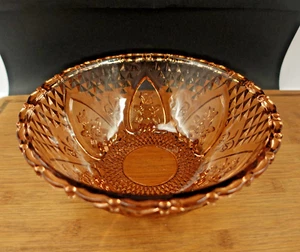 KIG, Amber Rose Glass Footed Serving Bowl with Fleur De Lis Designs, Indonesia - Picture 1 of 10