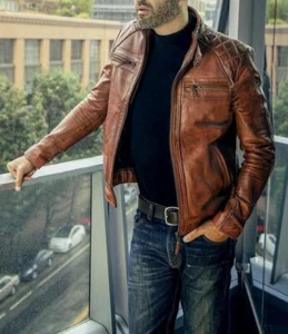 Chaqueta de cuero acolchada vintage marrón envejecida para hombre café corredor motociclista - Imagen 1 de 6