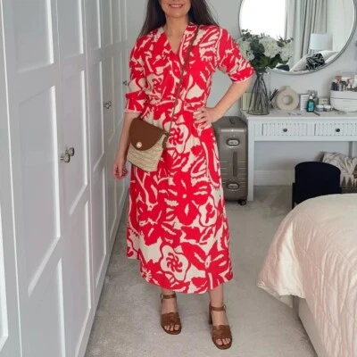 NWT H&M Red Utility Viscose Midi Belted Shirtdress Bright Red/Floral XS S M L XL - Image 1 of 4