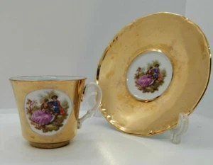 Vintage fine Porcelain Bavaria JWK JKW Karisbad gold cup & Saucer family scene - Picture 1 of 6