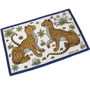 Hermes Beach Bath Towel Twins Leopards Animal Floral White Blue Cotton Auth New - Picture 1 of 8