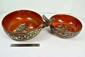 Vintage Folk Art Mexican Dishes, Red Clay Terra Cotta, Hand Painted, Traditional - Picture 1 of 8