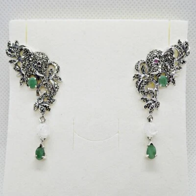 Smaragd Markasit Rubin Perlmutt Ohrhänger ELEFANT 925 Sterlingsilber - Bild 1 von 4