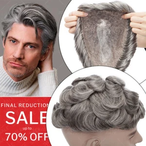 Men Human Hair Replacement System PU LACE Toupee Grey Hairpiece BIOLOGICAL SCALP - Picture 1 of 86