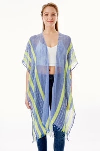 Anthropologie Style Resort Striped Print Kimono Cover ups Shawl with Fringe - Picture 1 of 13