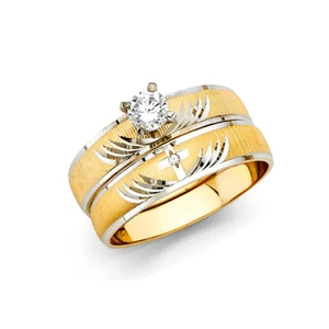 14k Yellow White Solid Gold CZ Solitaire Wedding Bridal Set Engagement Ring Band - Picture 1 of 1