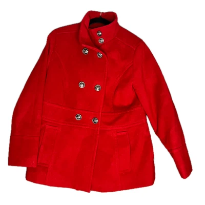 Abrigo Liz Claiborne Pea Mujer Talla PL Mezcla Lana Doble Pecho Rojo Metal Botones Foto 1 de 4
