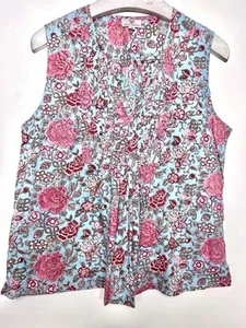 Top ANOKHI Azul Rosa Floral Estampado Indio Sin Mangas 100% Algodón Talla M UK 10 - Imagen 1 de 4