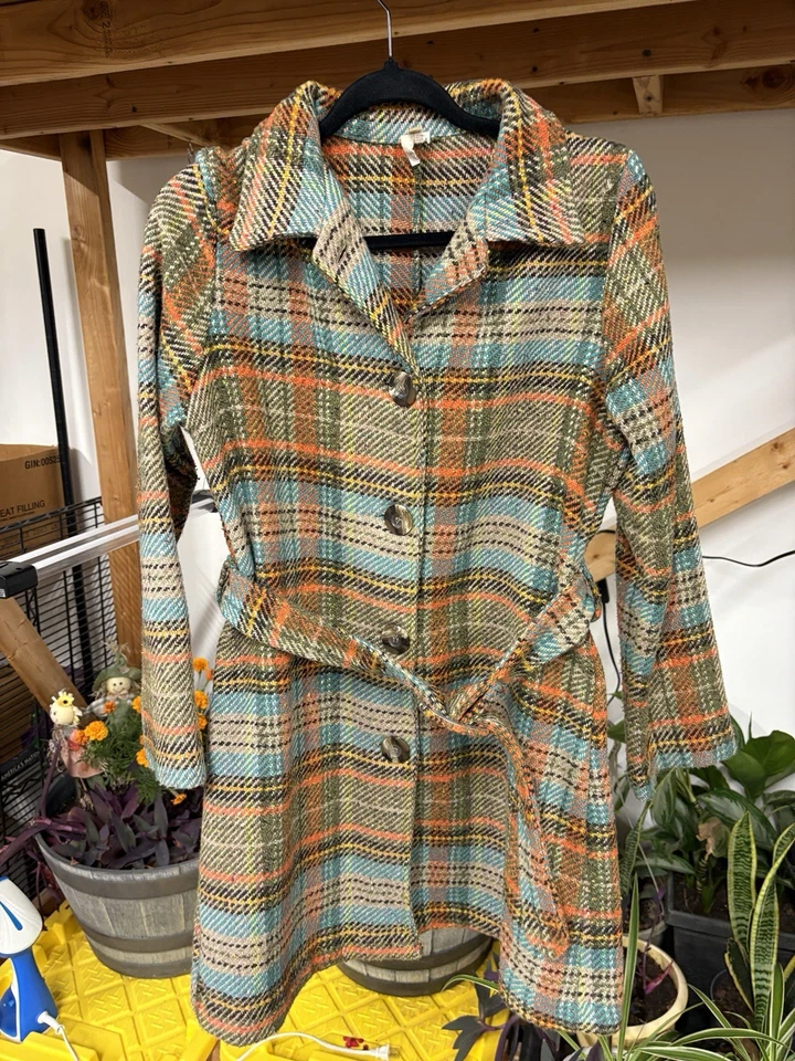 VTG 60s 70s Plaid Wool Trench Coat Belted Mod Style Mid Length Women’s Sml Med - Image 1 of 4