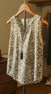 Lily White Leopard Print Tassel Tie Sleeveless Top Size L Mob Wife - Picture 1 of 6