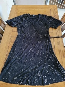 Next Size UK 14 Black Polka Dot Short Sleeve V-Neck Tea Dress - Picture 1 of 5