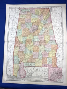 1898 Map ALABAMA Rand McNally 28" x 21.5" Colored Counties, Birmingham Map - Picture 1 of 24