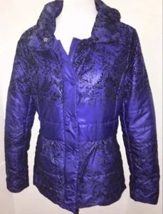 Tribal 6 Blue Puffy Jacket Coat Black Velvet Floral Puffer $220 - Picture 1 of 4