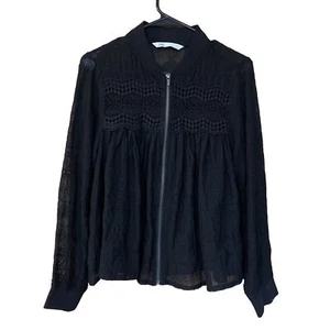Zara Womens Size Large Lace See Through Black Jacket Zippered Front - Picture 1 of 12