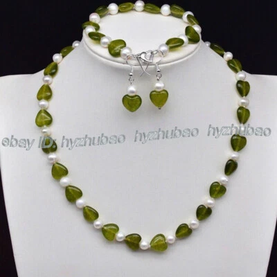 Pulsera de perlas blancas gemas de corazón de peridoto verde natural de 12 mm 18" Foto 1 de 4