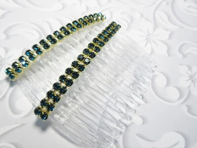 Par de peines de pelo de cristal austriaco circón azul doble fila de 3,5 mm color verde azulado Foto 1 de 4