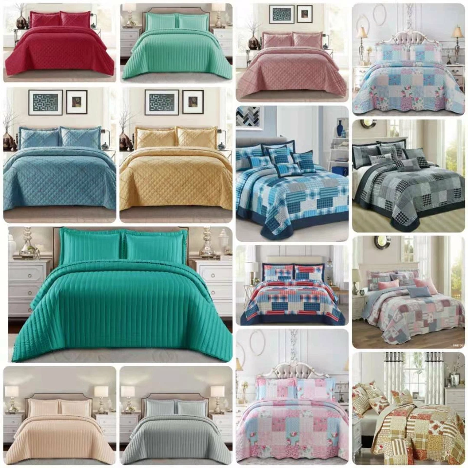 3 Piece Quilted Patchwork Bedspread Throw Bedding Set Single Double King SK - Image 1 of 1