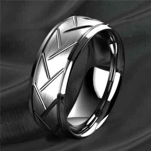 8MM Band Silver-Tone Titanium Stainless Steel Carved Size 8 New 9561 - Picture 1 of 2