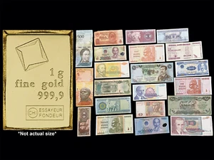 1 Gram Gold Bar CombiBar Valcambi Suisse & 21 World Banknotes Set Lot Collection - Picture 1 of 24