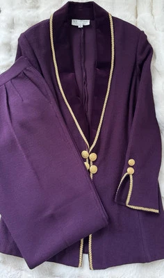 St. John Knit Purple Pant Suit Velvet Collar Gold Trim Size 10/14  - Image 1 of 4