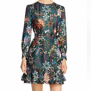 Tory Burch Floral Silk Ruffle Hem Long Sleeve Dress Size 2 Green Multicolor  - Picture 1 of 14