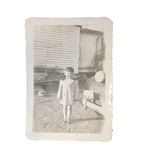 Vtg Child Posing Next to Vehicle Monochrome Photography Found Snapshot B&W - Picture 1 of 4