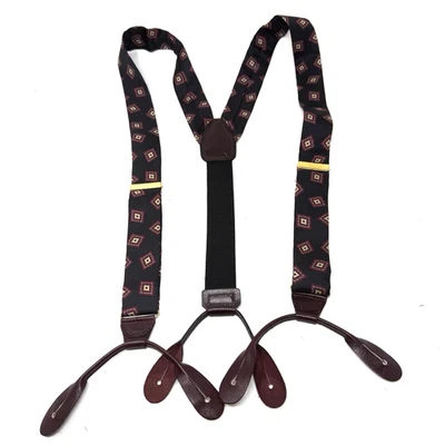 Suspensórios masculinos CAS W Alemanha 100% seda preto geométrico botão laço pontas - Imagem 1 de 4