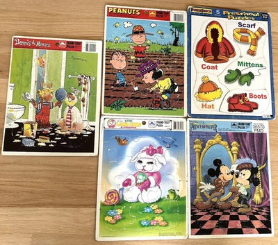 Vintage Frame-Tray Puzzles, Lot Of 5 - Peanuts, Dennis Menace, Mickey, Lambchop - Image 1 of 4