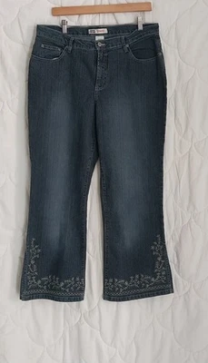 Vtg Faded Glory Stretch Size 16P Dark Wash Y2k 2000s Embroidered Slit Leg Jeans - Image 1 of 4