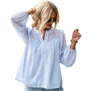 Women V Neck Bell Sleeve Blouse Babydoll Tops Summer Casual Dots Printed Shirt - Bild 1 von 23