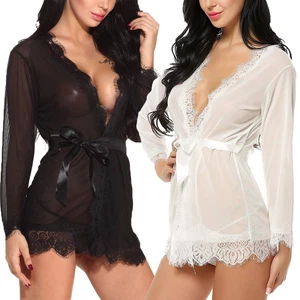 Mujeres Sexy Lencería Encaje Transparente Kimono Bata Babydoll Chemise Camisón Dormir - Imagen 1 de 18