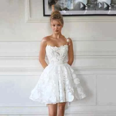 Бальные платья кружева без спинки складки 3D цветы короткое свадебное платье шикарный без рукавов - Изображение 1 из 4