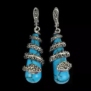 925 Sterling Silver Stabilized Turquoise 31x12mm Marcasite Ruby Snake Earrings - Picture 1 of 10
