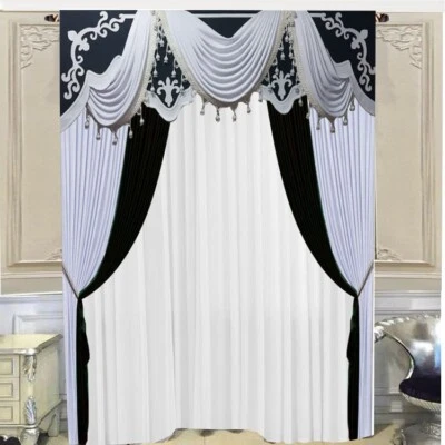 curtains set valance panel Black white  fabric tulle full design  customizable - Image 1 of 2